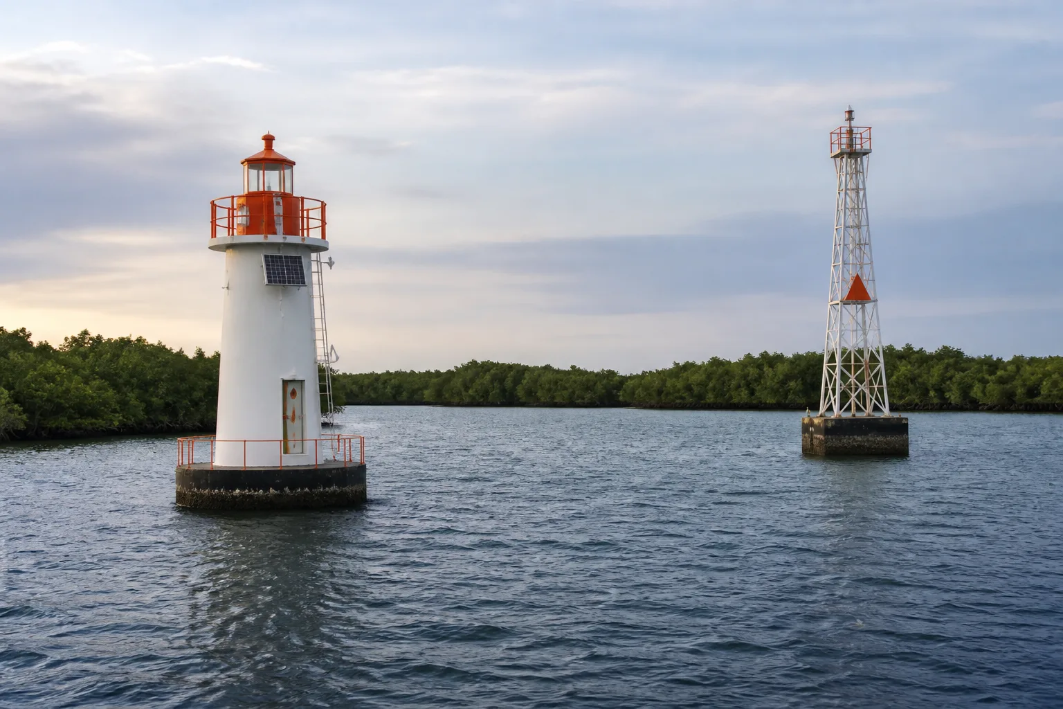 Faro y baliza metálica completos sobre un canal costero, visual de referencia generado
