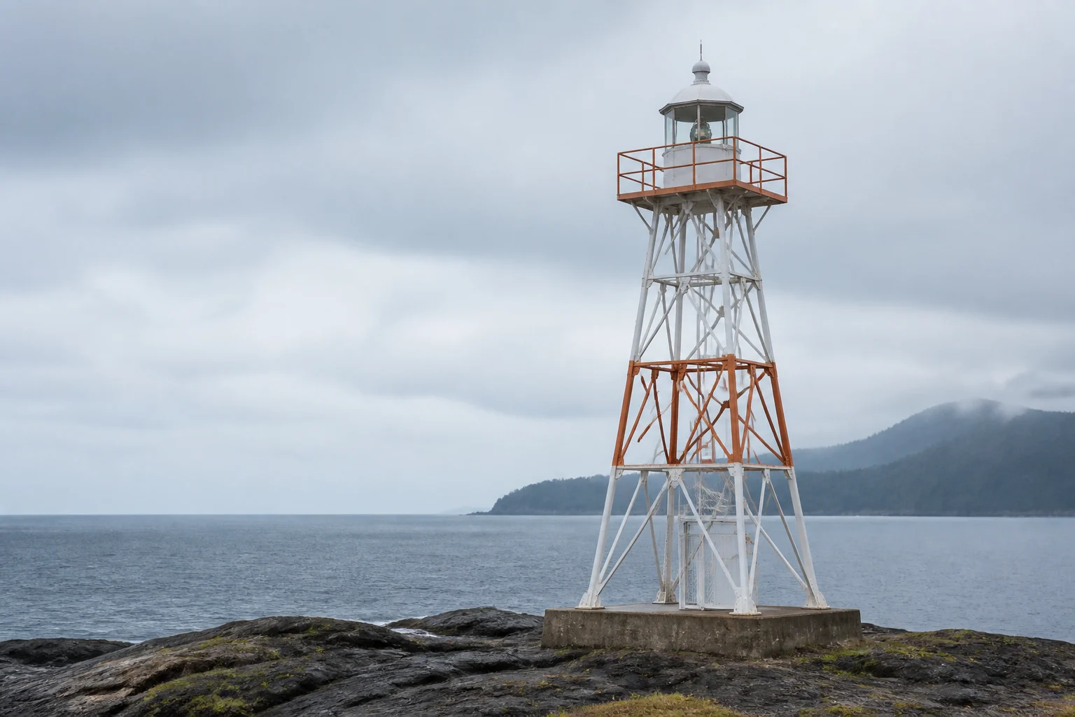 Torre de señalización marítima de referencia sobre una costa tropical, imagen editorial generada