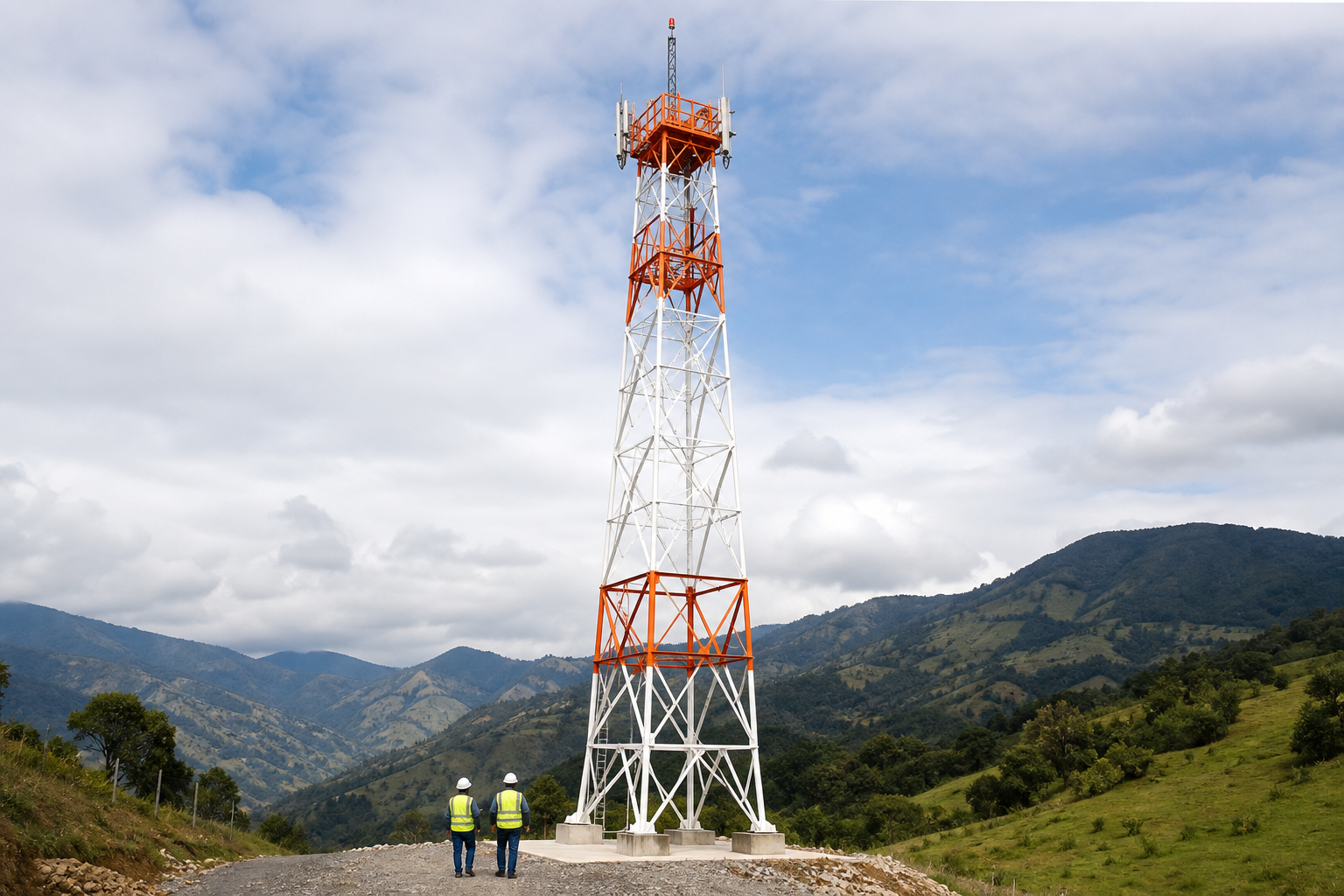 Torre metálica blanca y naranja en un paisaje montañoso colombiano con dos personas de campo