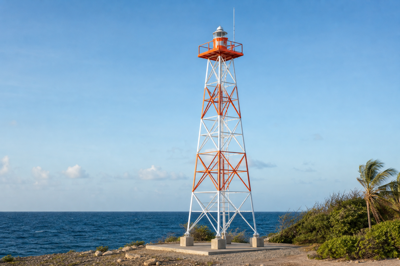 Torre de señalización marítima blanca y naranja completa, junto al mar Caribe colombiano