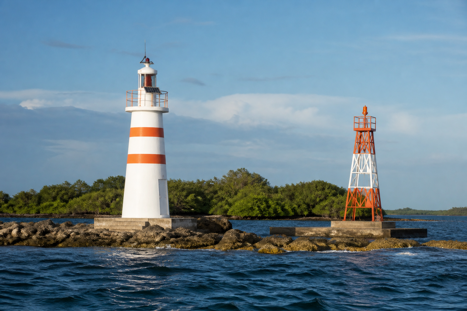 Faro blanco y baliza metálica blanca y naranja sobre una costa tropical colombiana